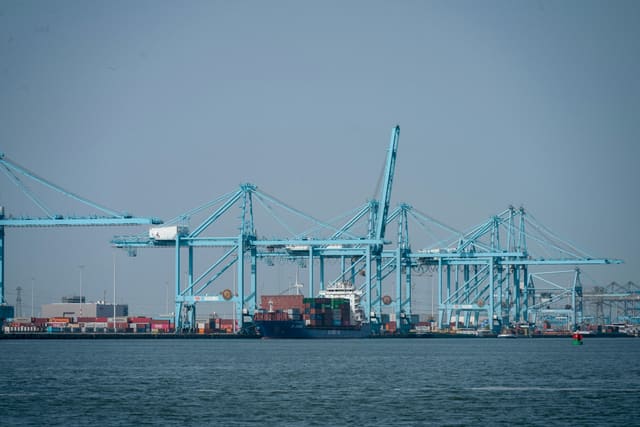 Containerkranen in de haven van Rotterdam onder vlak daglicht.